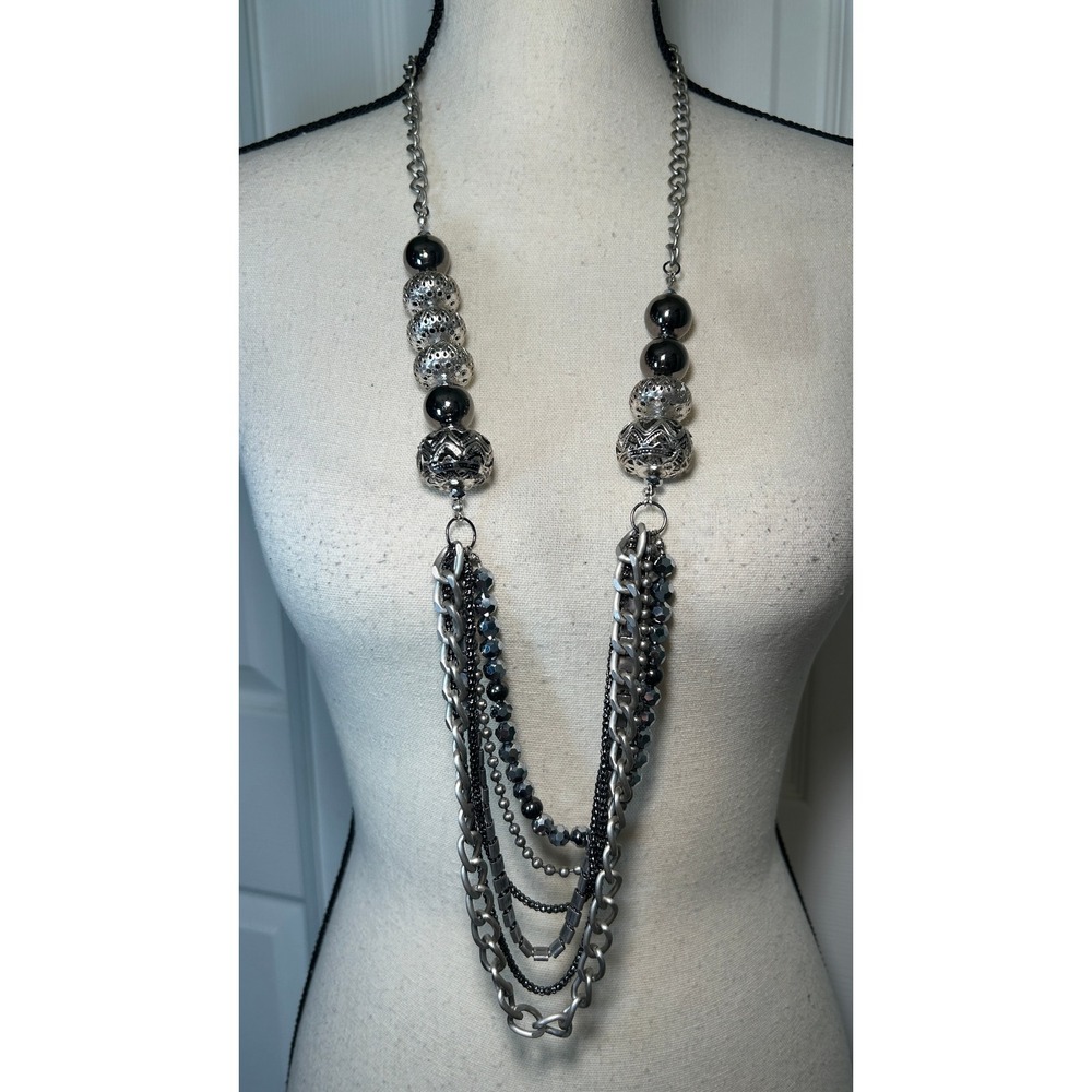 Statement Necklace Multi-Strand Layered Silver Gunmetal Chunky Beads
